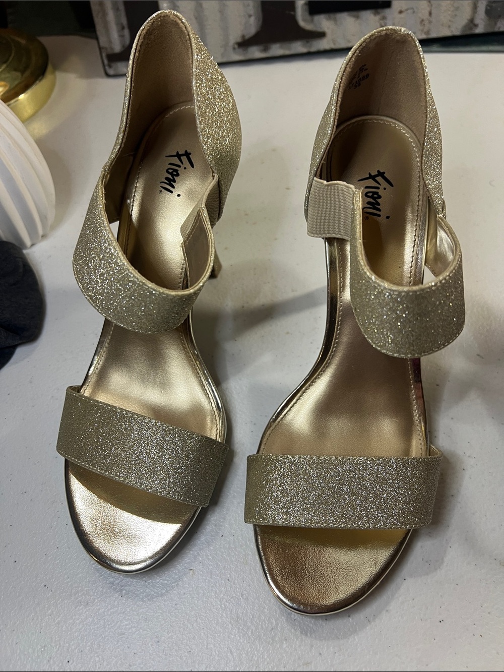 Fioni gold glitter cross-strap heels with open-toe